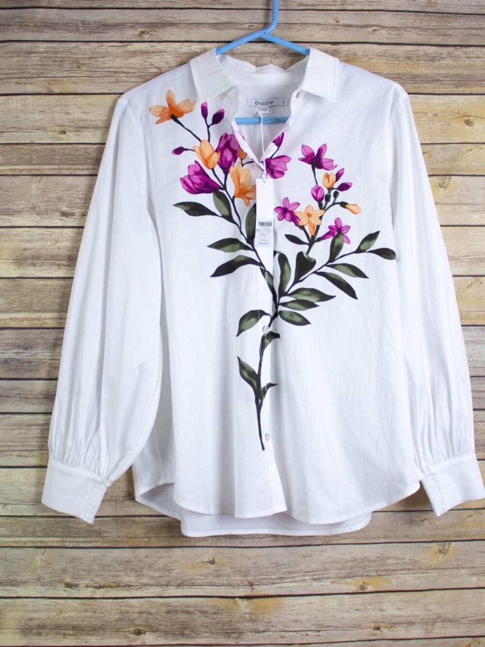 Chico's Floral Print White Blouse No Iron Sz S Elastic Cuff